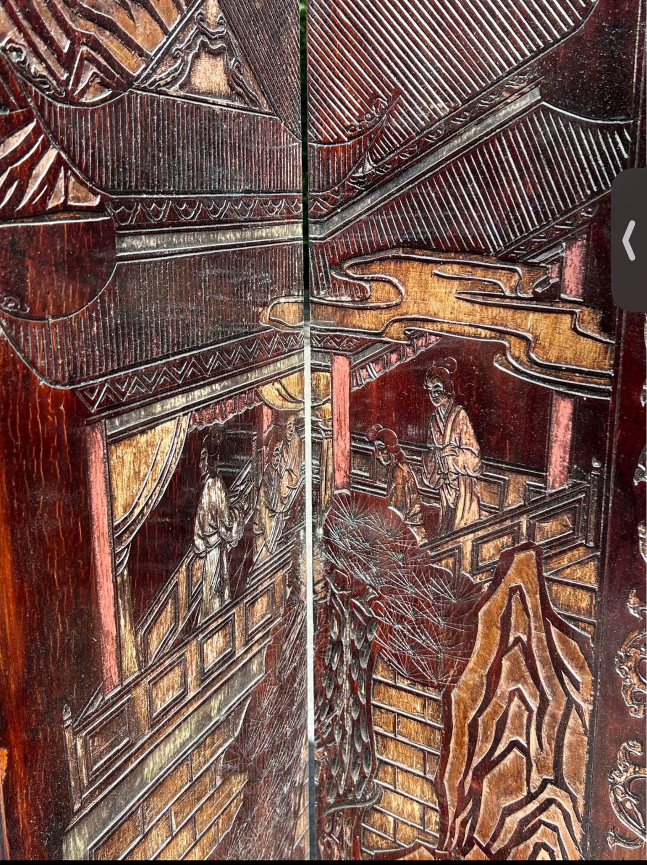 Six (6) Panel Antique Chinese Coromandel Screen in Deep Red Laquer
