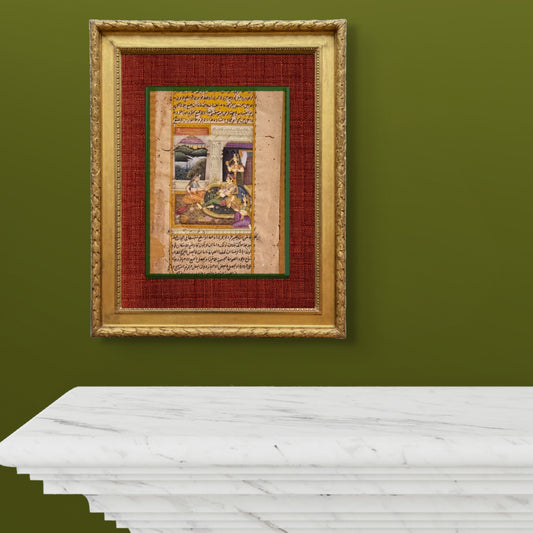 Antique Indian Mughal Illuminated Manuscript Page - Emperor Akhbar and Jodha Bai